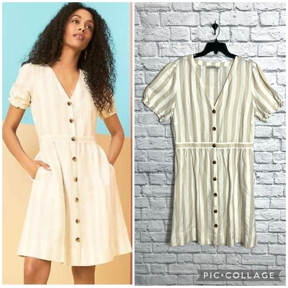 LOFT 14 Neutral Striped Puff Sleeve Pocket Shirtdress